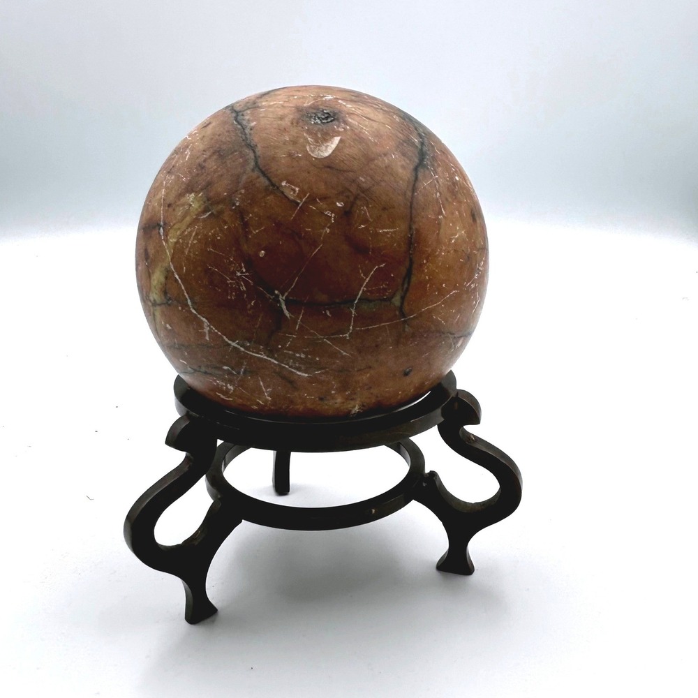 Vintage Polished Marble Stone Sphere Orb with Ornate Metal Tripod Stand Brown 4"